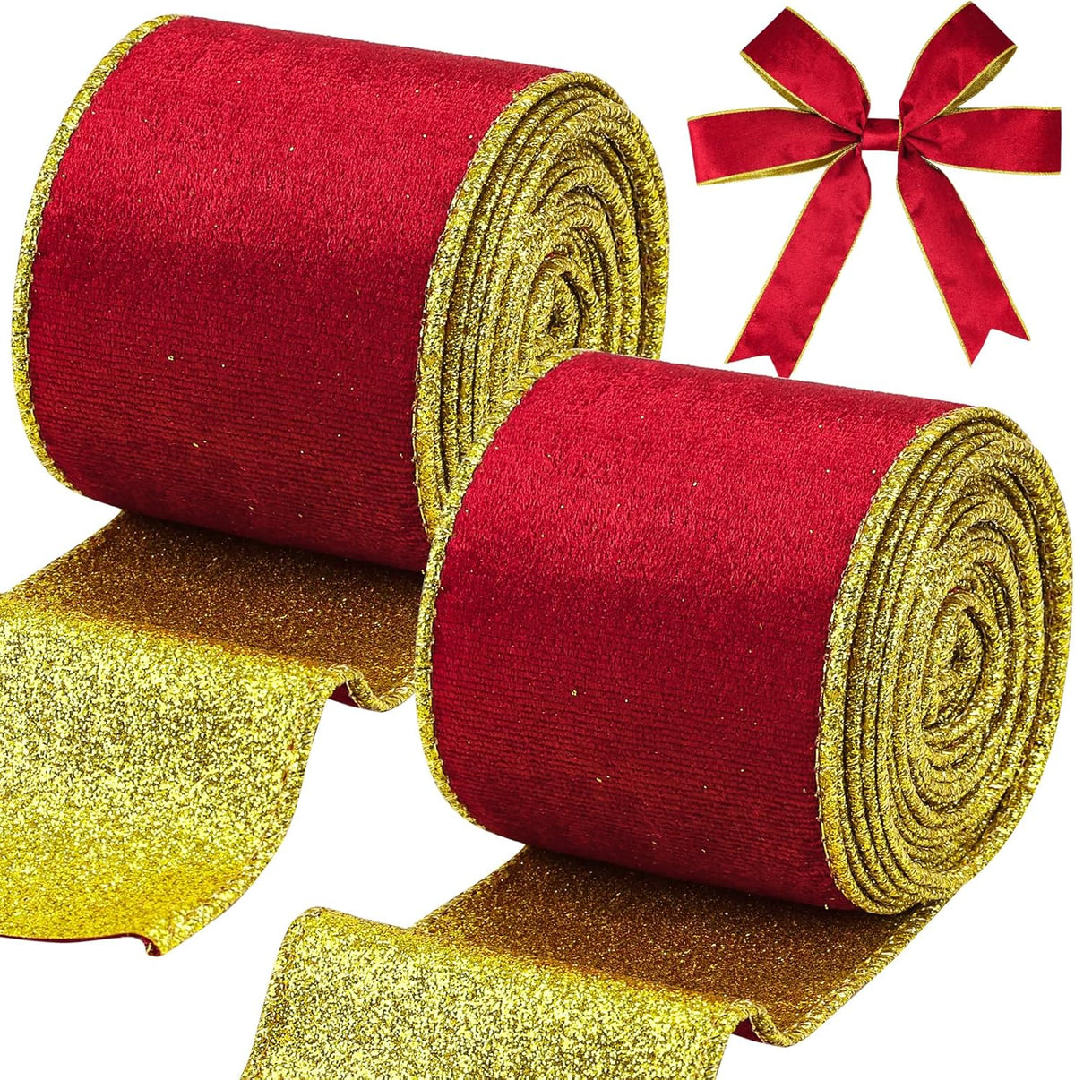 Red Velvet Wired Ribbon, Christmas Ribbon with Gold Metallic Glitter for Gift Wrapping Christmas Tree Decoration Topper Bows Making Wedding Decor Crafts Wreaths Supplies（2.5 Inch x 10 Yards）