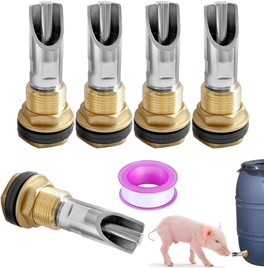 5PCS 1/2 Stainless Steel Automatic Pig Nipple Water Drinker Feeder Waterer + 5PCS 1/2 Female to 3/4 Male Brass Water Tank Connector Bulkhead Fitting Kit for Sows Piglets Drinking