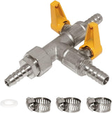 3 Way Copper Shut Off Gas Ball Valve Kit 3/8" Hose Barb T Shaped Type Union Intersection with 2 Switch Include 1 Copper Barbed Fittings 1 Rubber Gasket and 3 Clamps