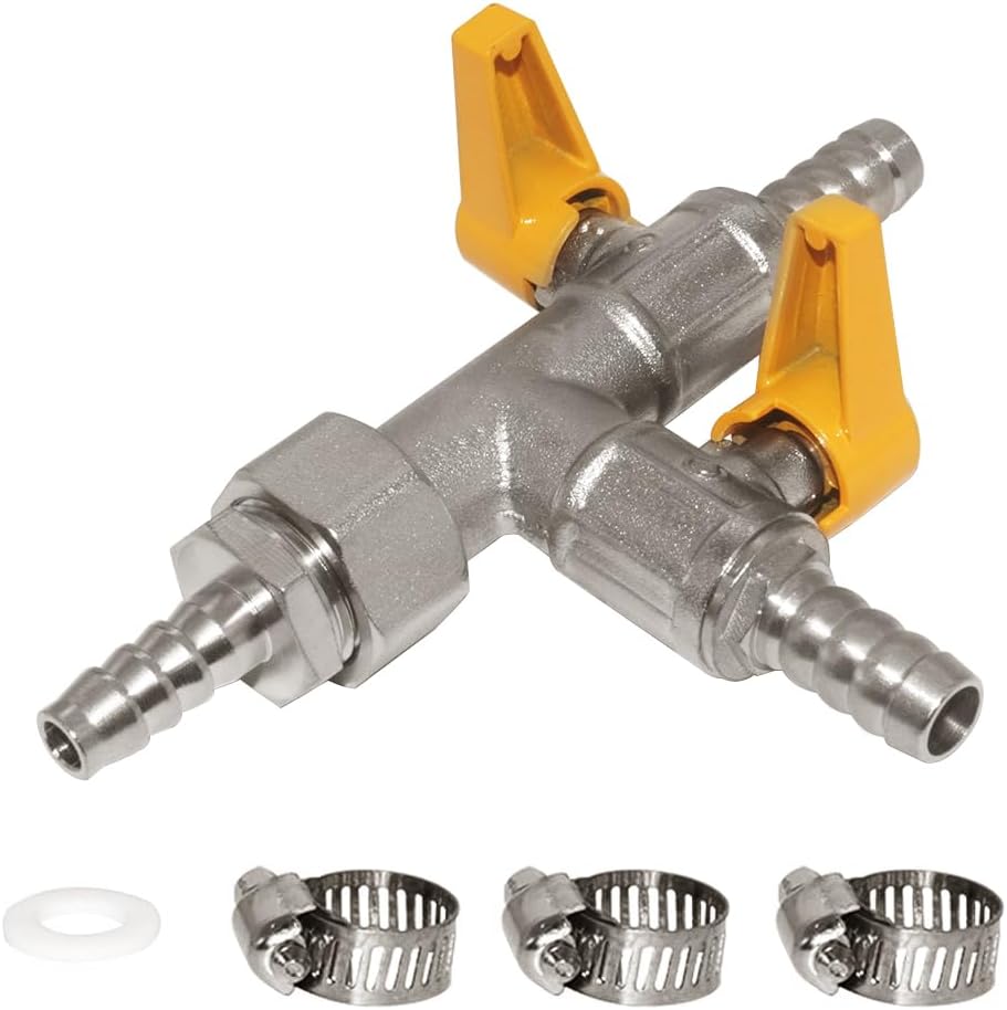 3 Way Copper Shut Off Gas Ball Valve Kit 3/8" Hose Barb T Shaped Type Union Intersection with 2 Switch Include 1 Copper Barbed Fittings 1 Rubber Gasket and 3 Clamps