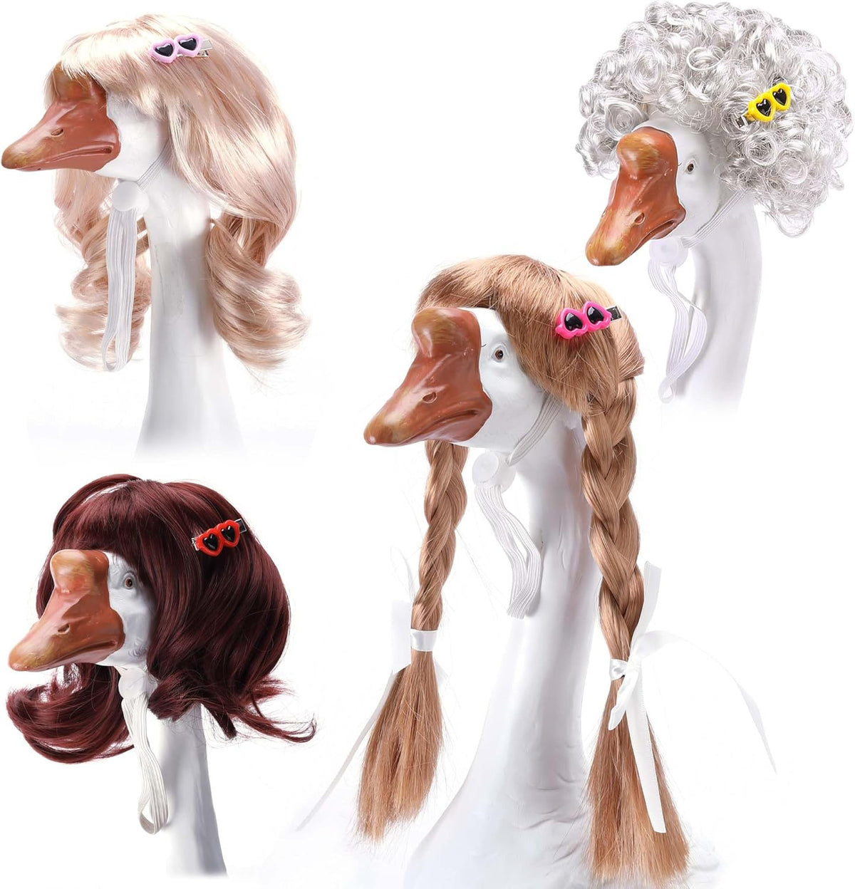 4 Pcs Porch Goose Wigs with Hair Clips, Cute Lawn Goose Statue Braid Wig, Porch Goose Outfits Costume for Outdoor Garden Patio Yard Goosey Decoration