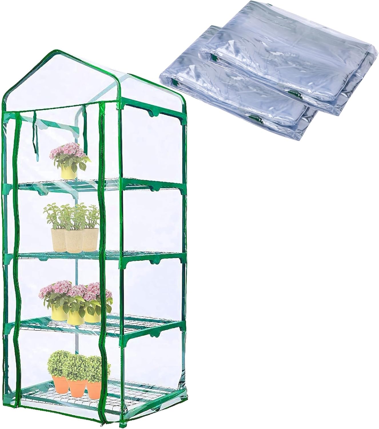 2 Pcs 4 Tier Greenhouse Replacement Cover- 27 x 19 x 63 Inch Clear PVC Plant Greenhouse Cover with Roll-Up Zipper Door for Gardening Plants Flowers (Frame Not Include)