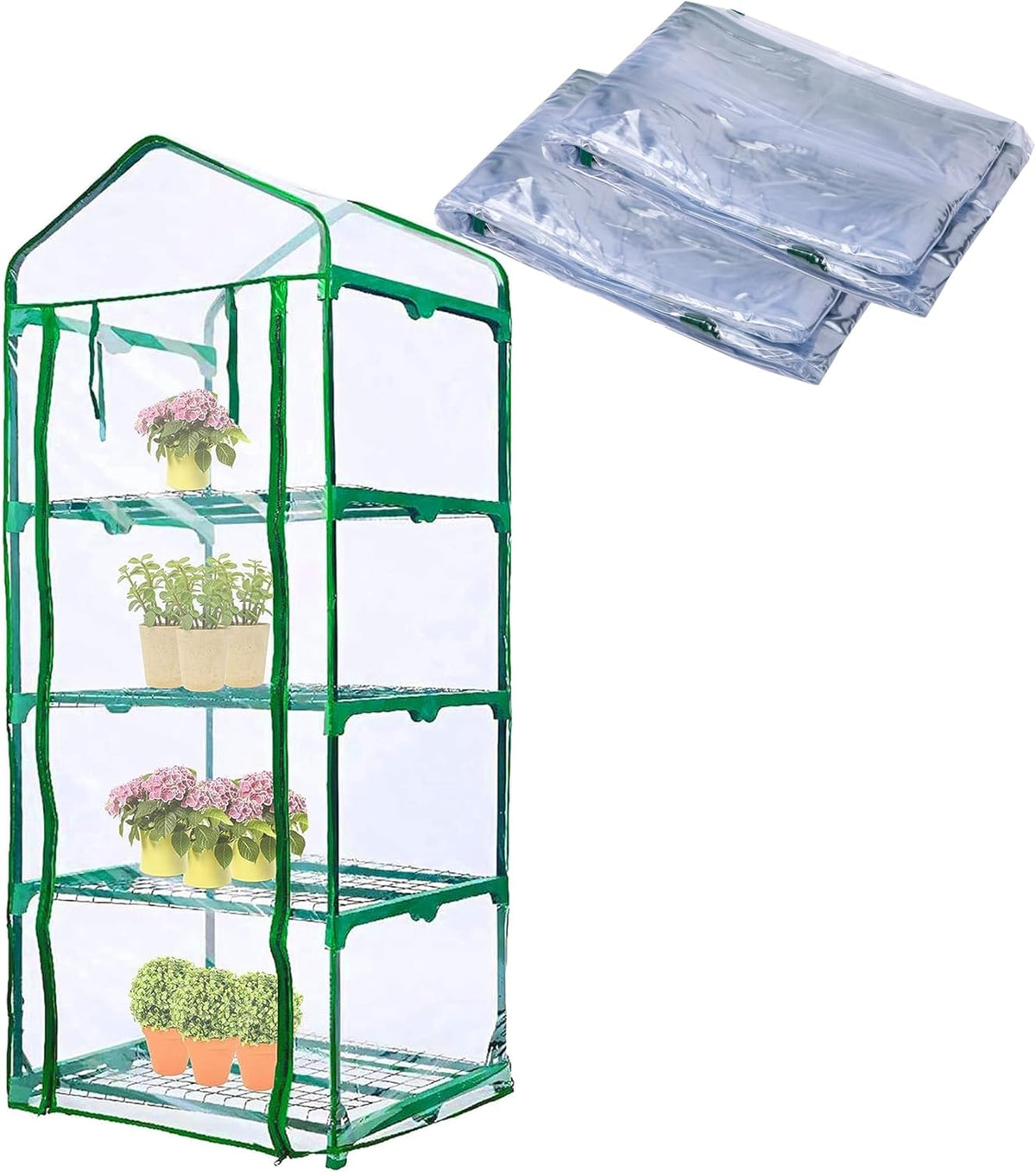 2 Pcs 4 Tier Greenhouse Replacement Cover- 27 x 19 x 63 Inch Clear PVC Plant Greenhouse Cover with Roll-Up Zipper Door for Gardening Plants Flowers (Frame Not Include)