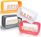 Clear Makeup Bags with Chenille Letters, 4 Pack Preppy Cosmetic Pouch Zipper, Personalized Initial beauty case, Travel Toiletry vanity organizer for Women Girl (Hair, Face, Skin, Stuff)