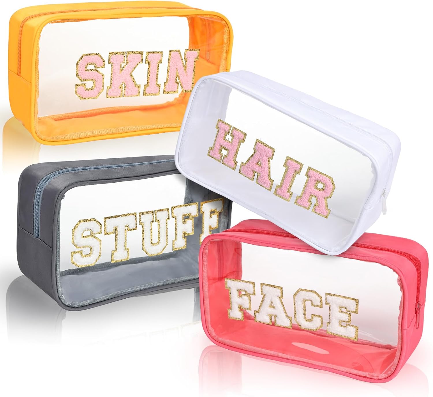 Clear Makeup Bags with Chenille Letters, 4 Pack Preppy Cosmetic Pouch Zipper, Personalized Initial beauty case, Travel Toiletry vanity organizer for Women Girl (Hair, Face, Skin, Stuff)