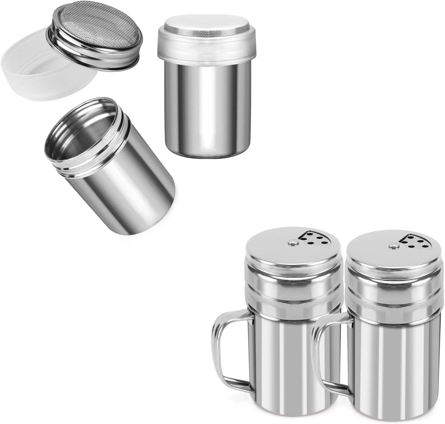 2pcs Powder Sugar Shakers+ 2pcs Salt and Pepper Shakers with Handle,Shakers For Cinnamon Sugar Pepper Powder Cocoa Flour Salt