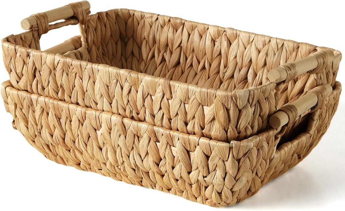 2 Pack Wicker Storage Baskets with Wooden Handles, Large Water Hyacinth Basket for Organizing Shelves, Natural Woven Storage Baskets for Snack, Gift