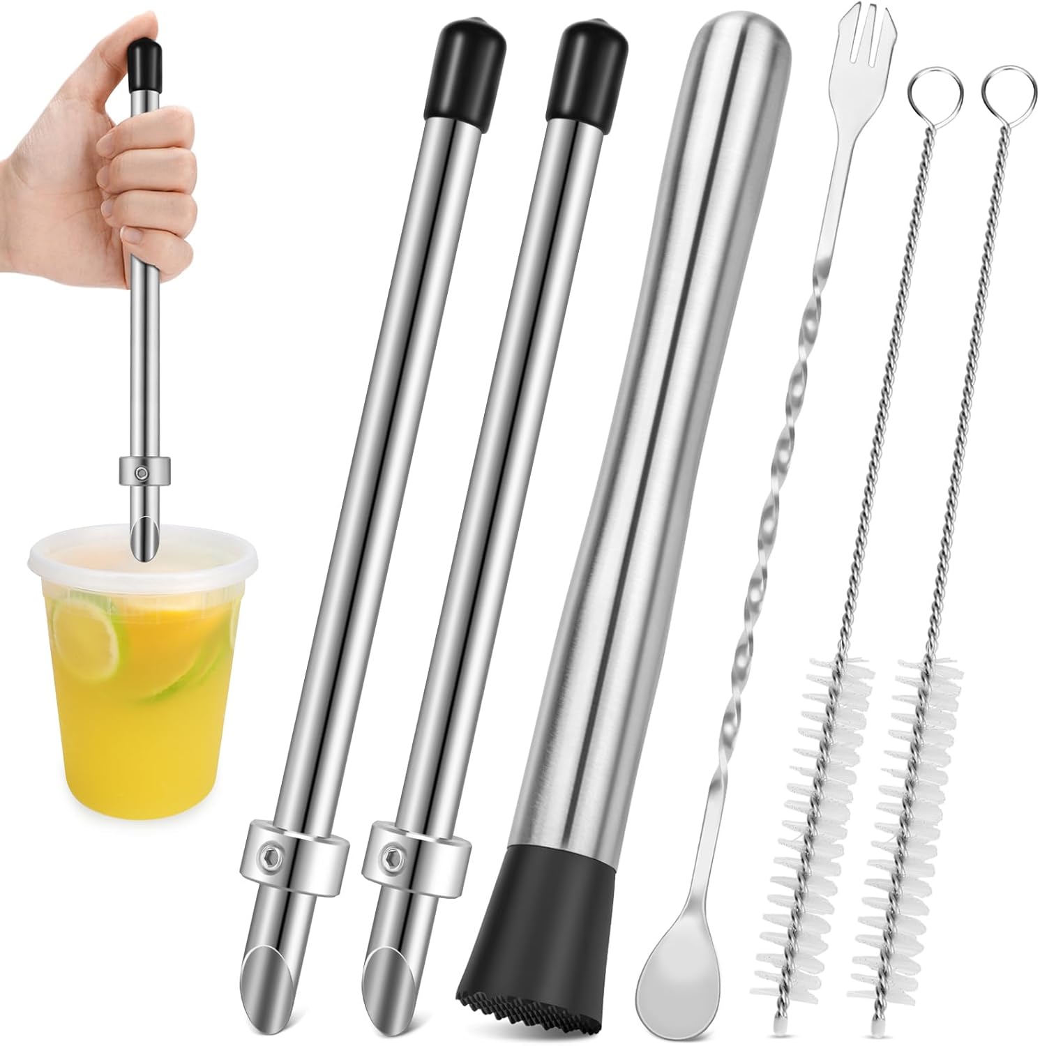 6 Pcs Straw Puncher and Muddler for Plastic Lids Lemonade Cups, Stainless Steel Muddler and Mixing Spoon-Straw Hole Puncher for Drink, Fresh Squeezed Lemonade Stand Supplies