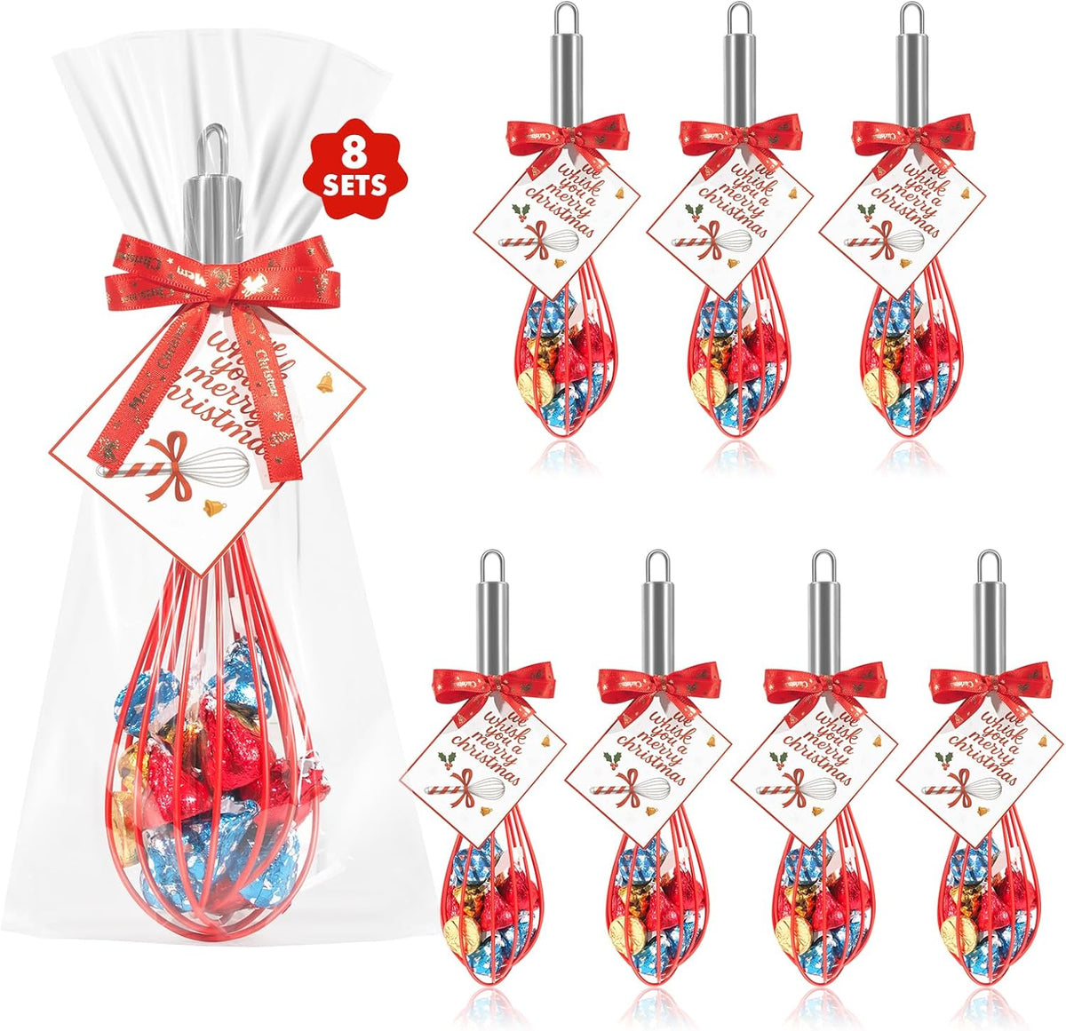 Christmas Whisk Gifts for Neighbors – 8 Sets 8“ Red Silicone Whisks with “We Whisk You a Merry Christmas” Cards, Gift Bags & Ribbons, Fun DIY Stocking Stuffers for Family, Friends, Teachers