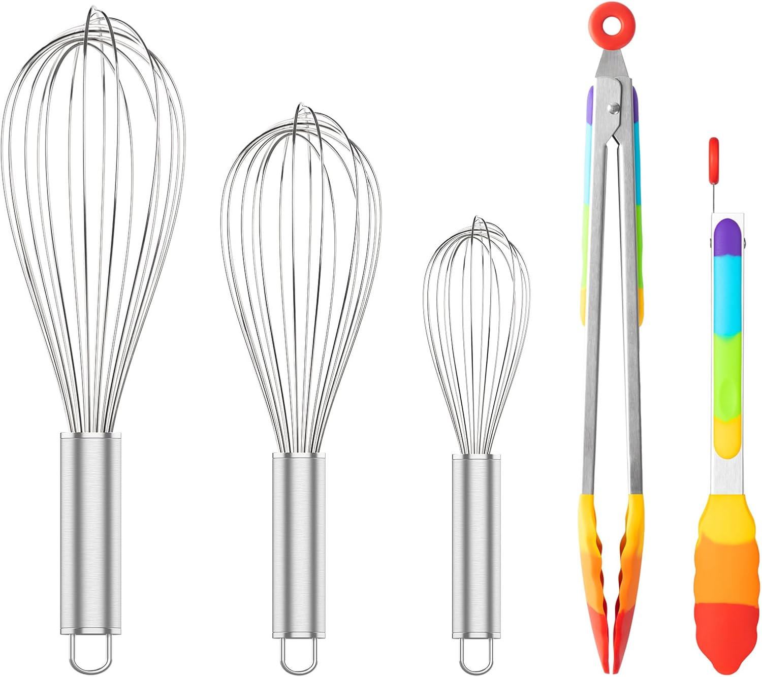 304 Stainless Steel Whisk Set & Rainbow Tongs Set, 3 Pack Metal Whisks and Silicone Tongs for Kitchen Cooking
