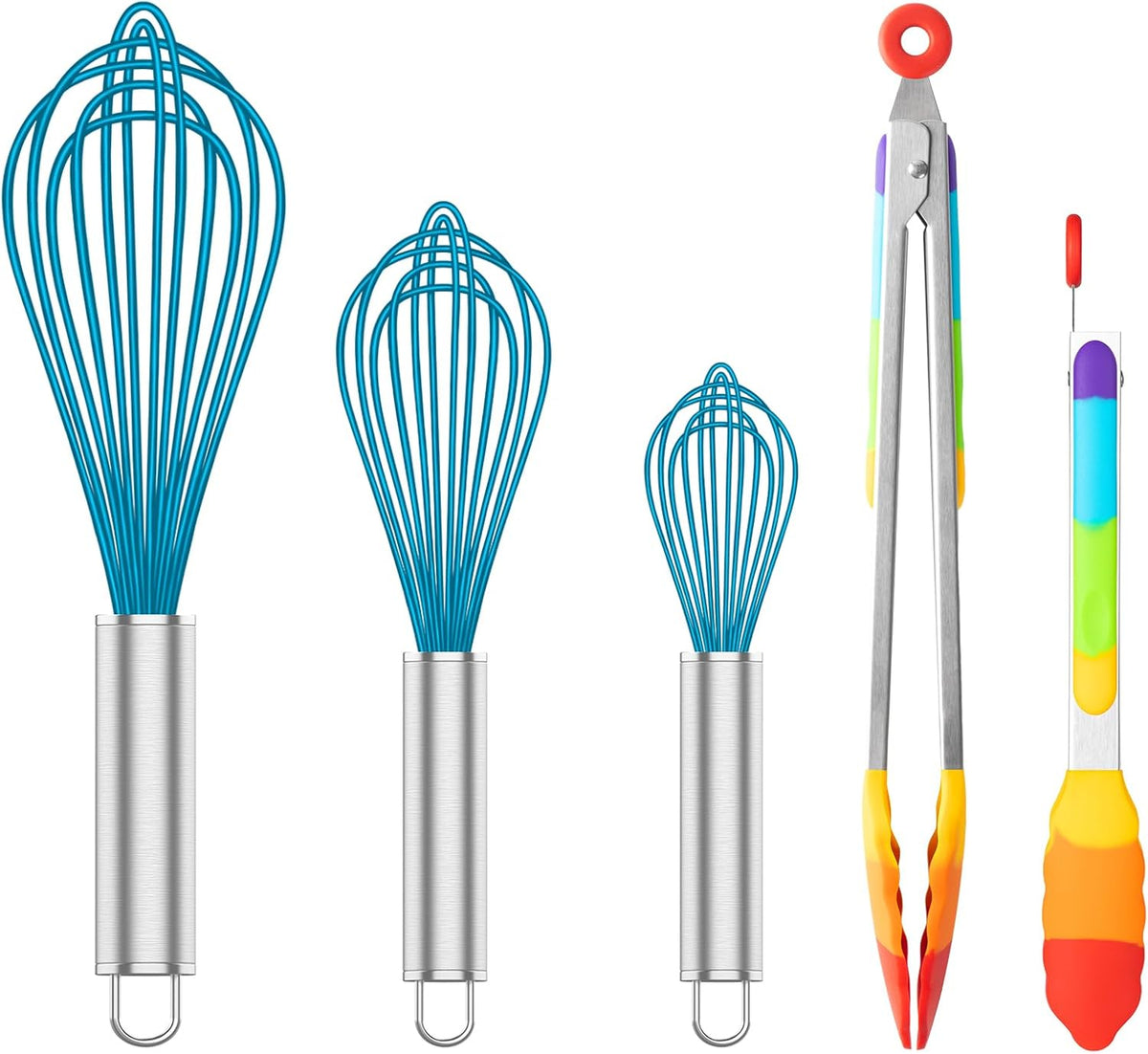 Silicone Whisk & Rainbow Kitchen Tongs Set, 304 Stainless Steel Tongs with Silicone Tips, 600F Heat Resistant, Blue