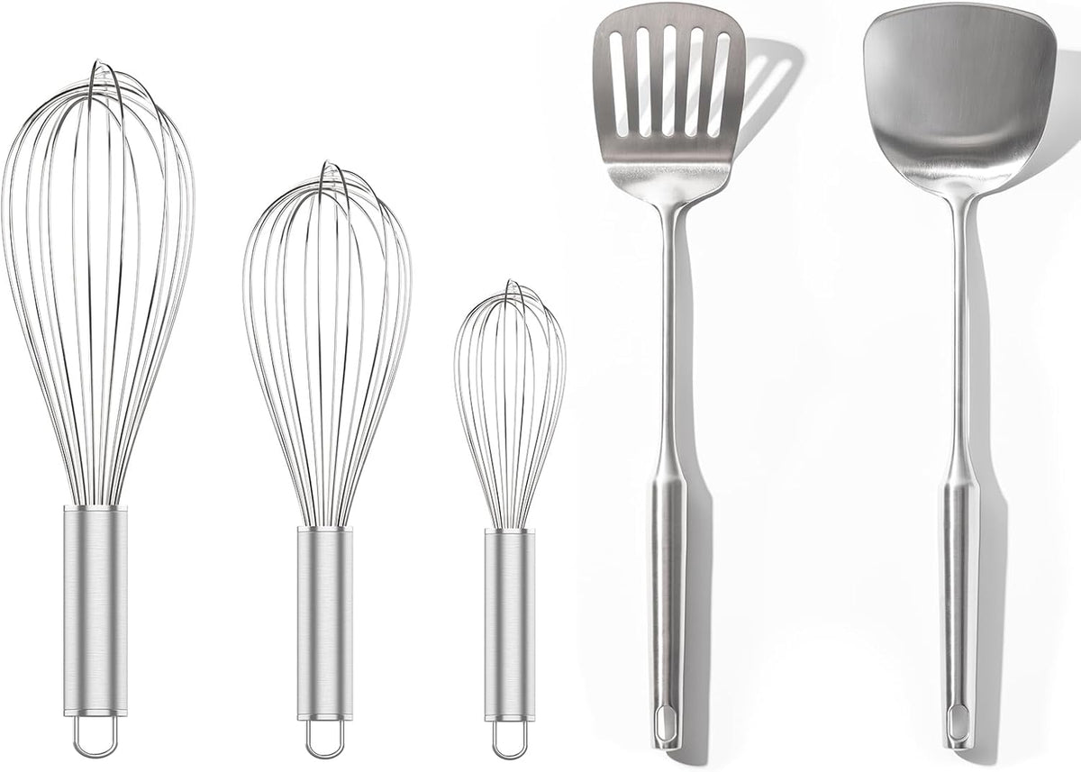 304 Stainless Steel Whisk Set & Wok Spatula, 3 Pack Whisks and Stainless Steel Spatula for Kitchen Cooking, Blending, Beating, Stirring