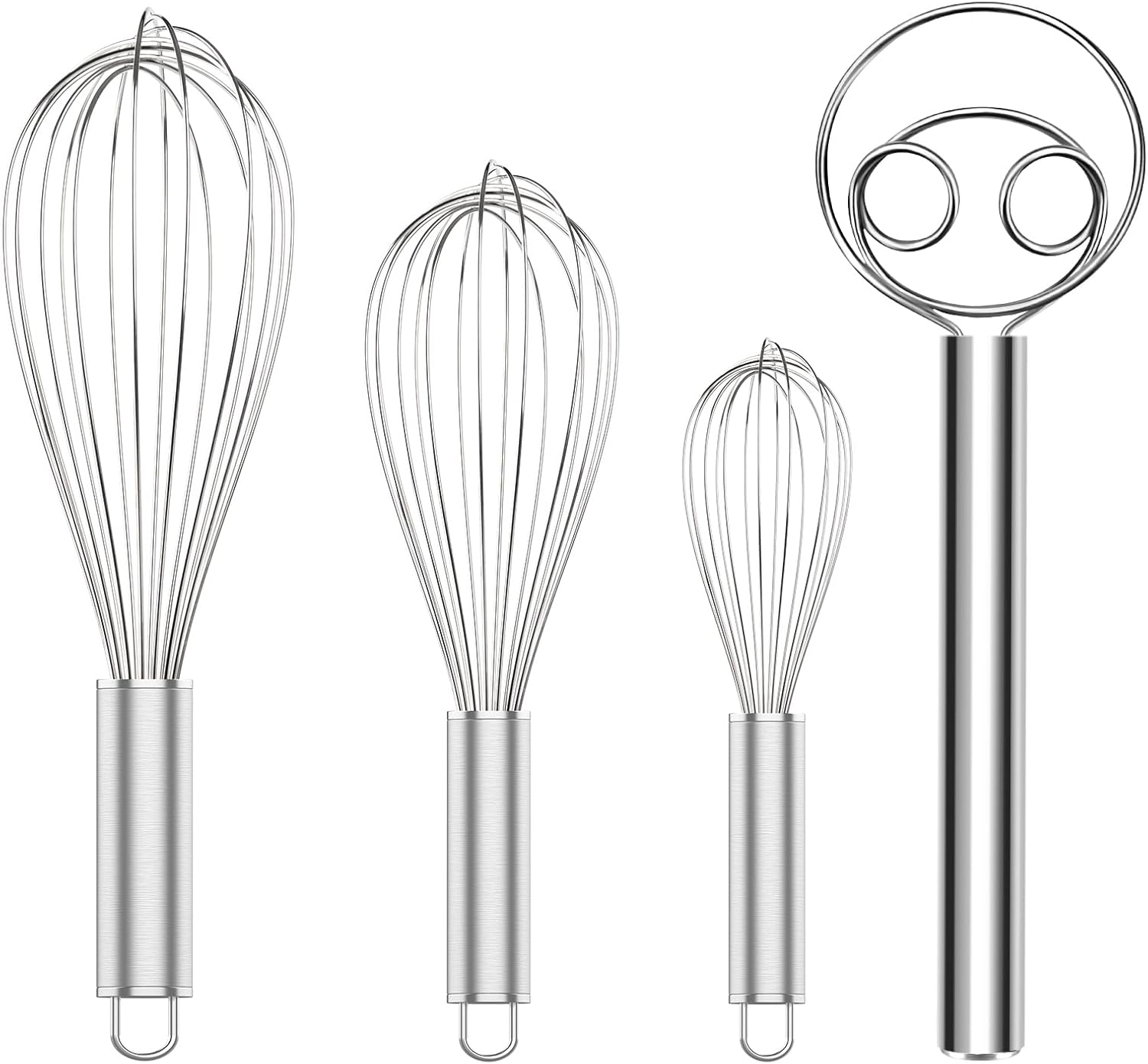304 Stainless Steel Whisk Set & Danish Dough Whisk, 3 Pack Professional Kitchen Whisks, Metal Whisks for Blending, Beating, Mixing Dough