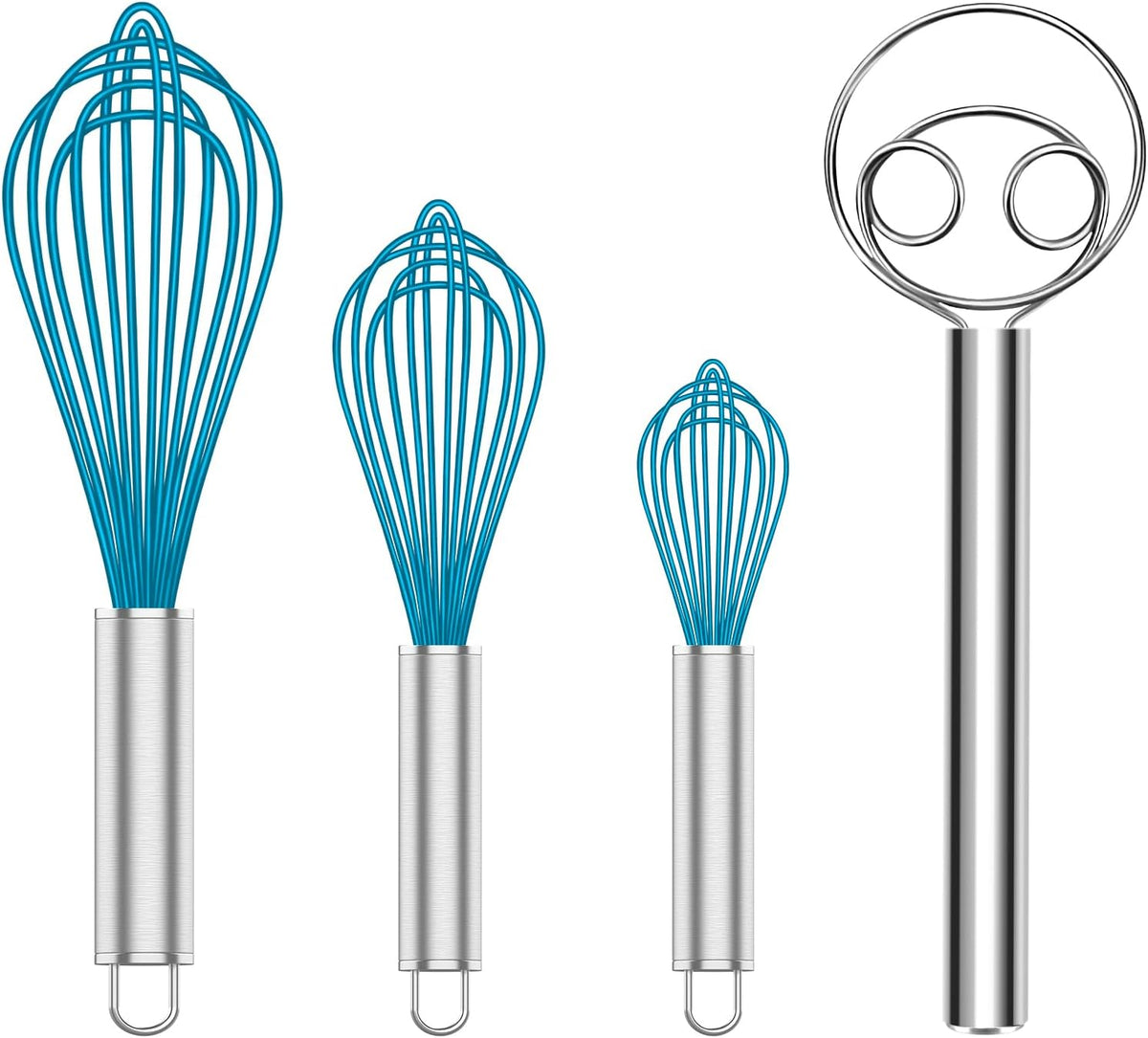 Silicone Whisk & Danish Dough Whisk Set, 4-Piece Silicone Whisks & 9-Inch Dough Whisk for Cooking, Baking, and Mixing