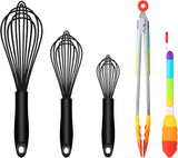 Silicone Whisk & Rainbow Tongs Set, Heat-Resistant Kitchen Tools for Cooking and Serving