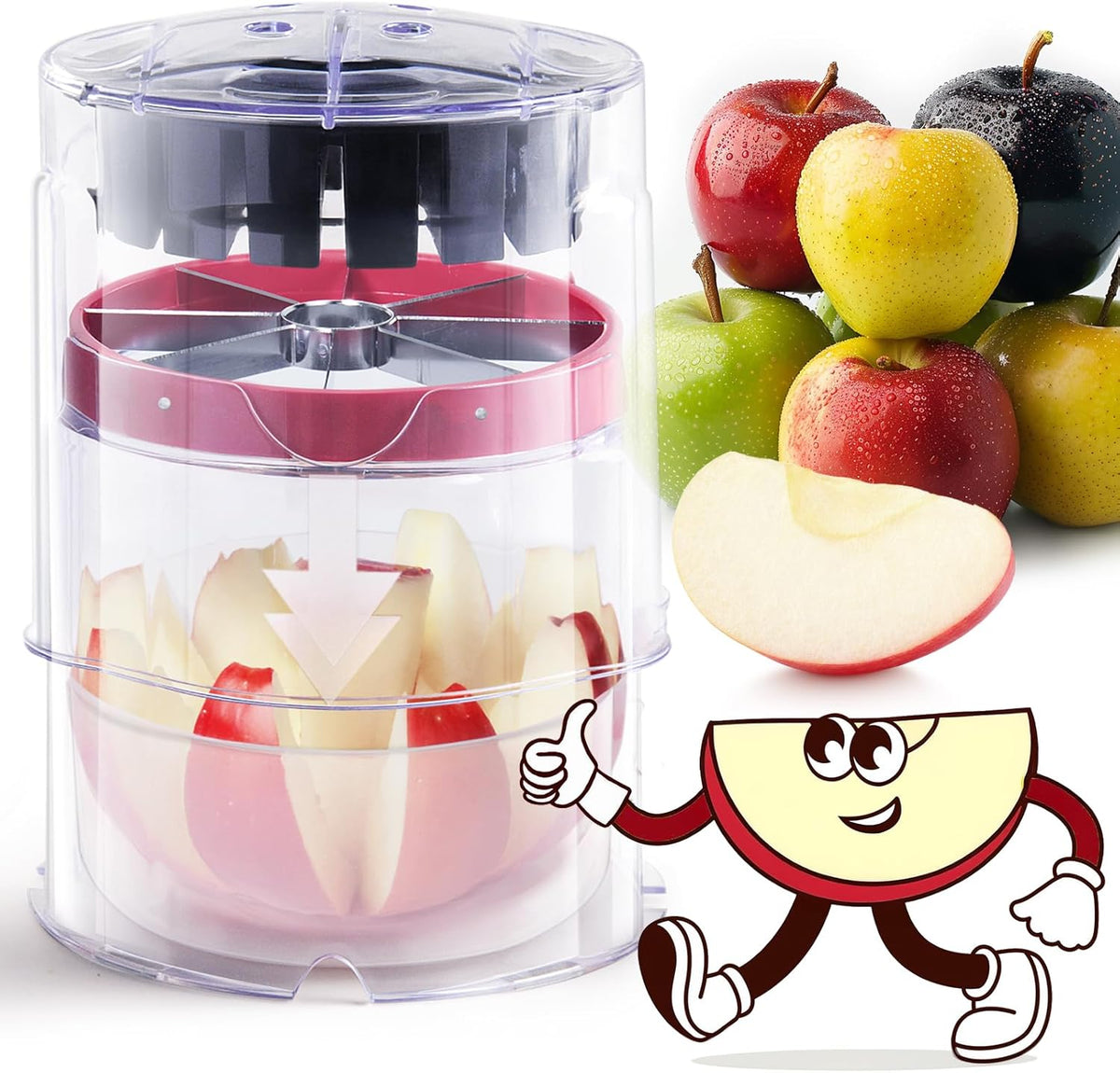 5.12-Inch Apple Slicer - 8 Slices, Ultra-Safe & Heavy-Duty Stainless Steel Extra Large Apple Cutter, Upgraded Cut Apples All The Way Through, with Transparent Bowl