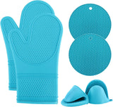 Silicone Oven Mitts- Heat Resistant Gloves with Soft Quilted Lining Oven Mitt Pot Holders for Cooking and BBQ, Teal, Mitt Set