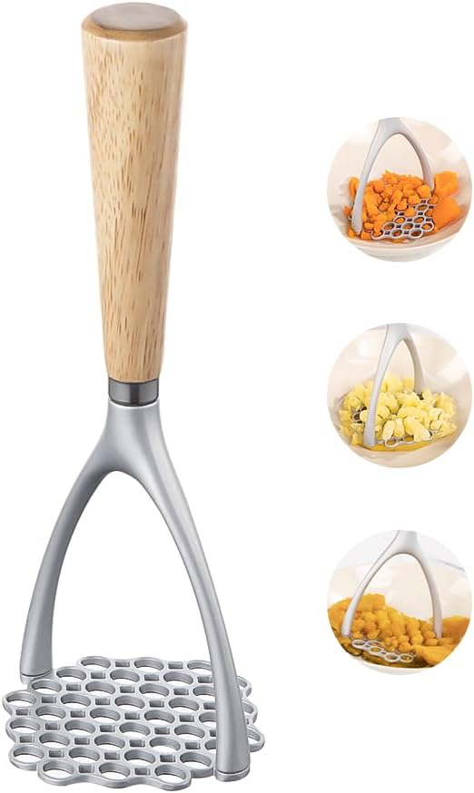 Potato Masher with Wooden Handle, Manual Potato Press for Kitchen Tool, Aluminum Alloy Potato Ricer For Fluffy Mashed Potato