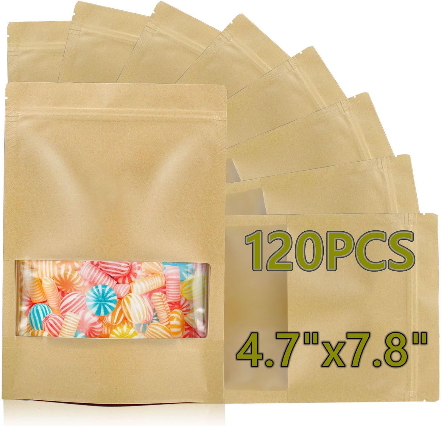 120pcs 4.7"x7.8" Kraft Bags with Window Zipper Lock Stand Up Bulk Pouches Resealable Bags, Smell Proof Mylar Bags for Food Storage, Stand-up Resealable Food Storage Bags with Clear Window