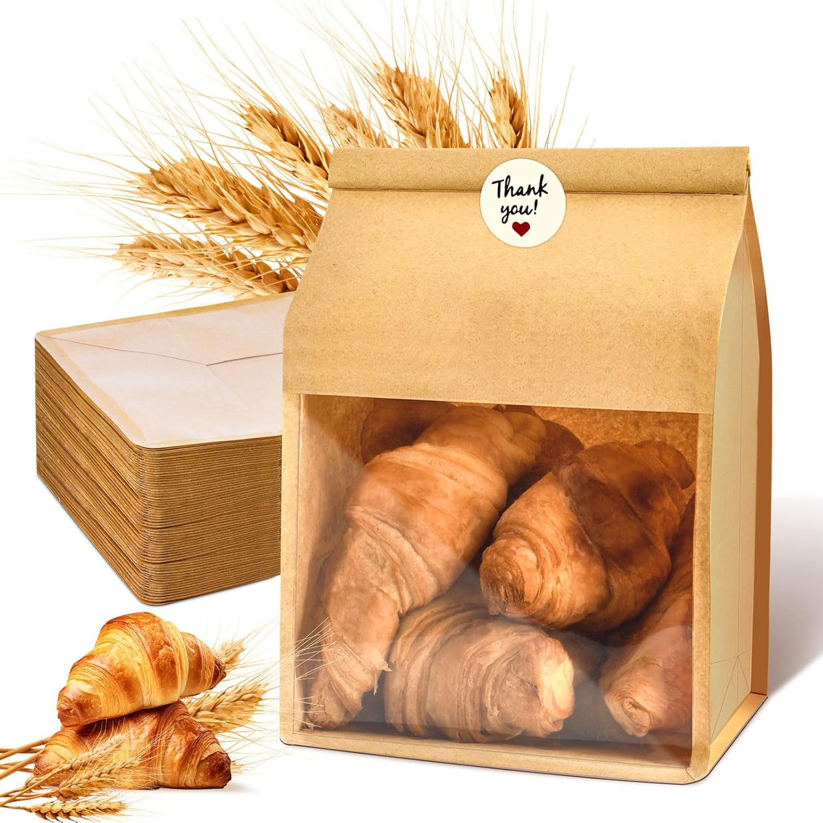 60pcs Kraft Bakery Bags with Thank You Stickers,10.5x6.2x4.7 Inches Sourdough Bread Bags with Tin Tie Tab Lock Smoother Bags with Clear Window for Homemade Bread, Baked Food Packaging Storage