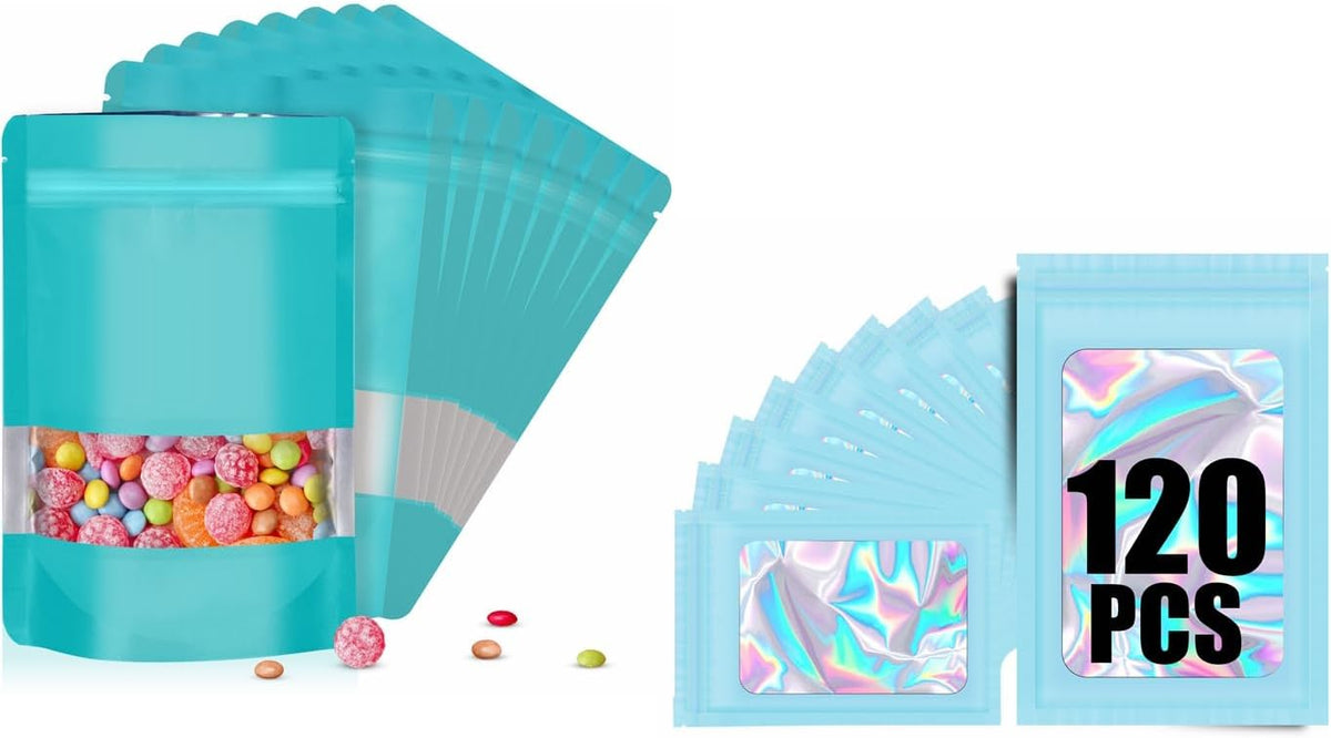 120pcs Mylar Bags for Food Storage+120pcs Holographic Packaging Bags（blue）