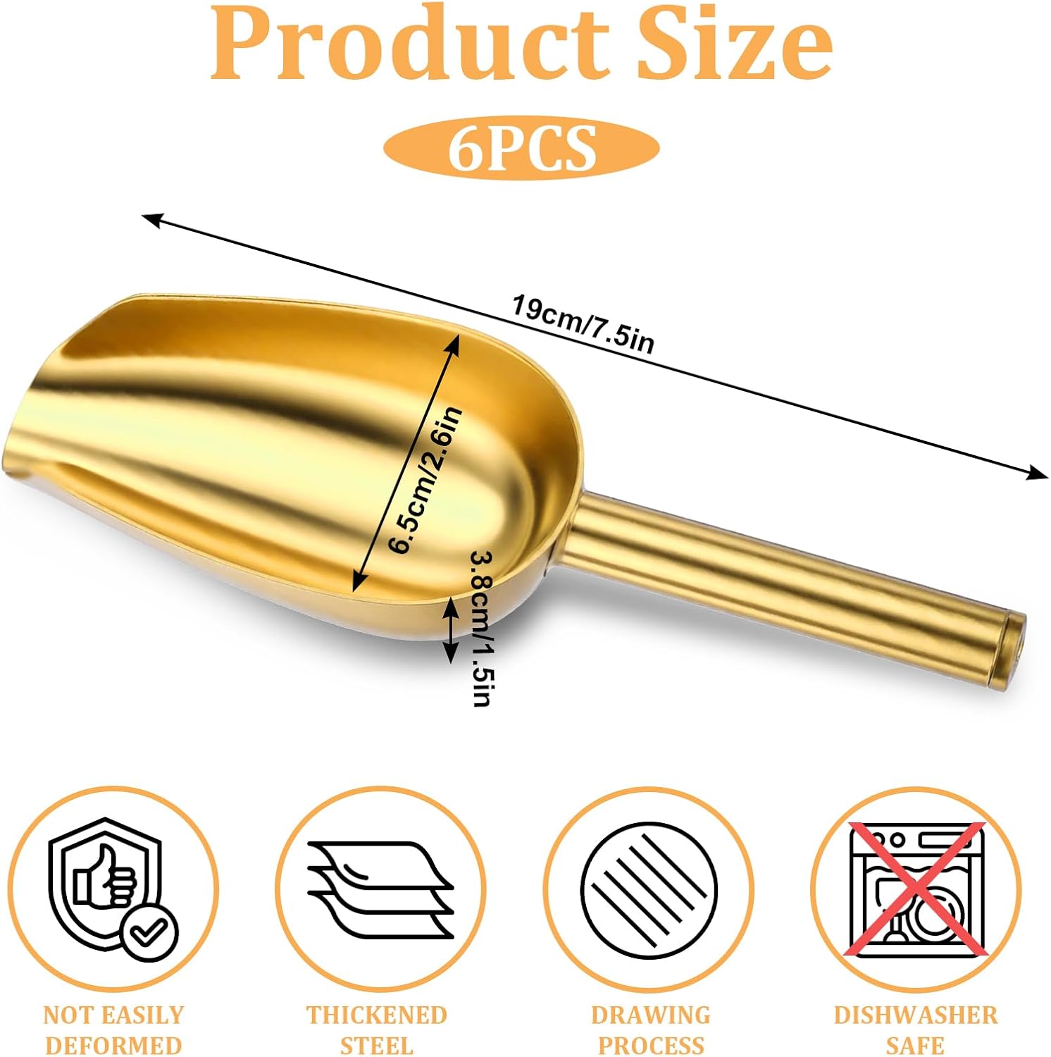 6pcs Gold Ice Scoopers for Ice Bucket, 5 Oz Candy Scoops for Candy Buffet Stainless Steel Mini Scoop Metal Food Scoops for Jars Canisters Scooping Dry Goods, Sugar, Coffee Bean, Flour, Spice