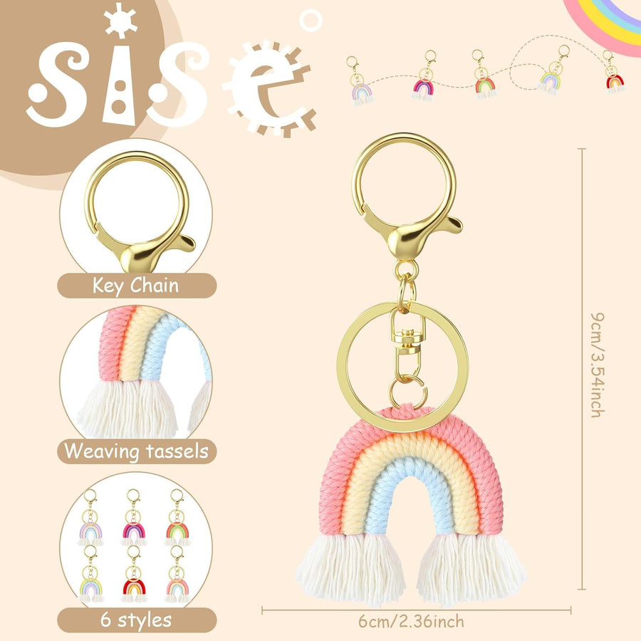 Landhoow 6 Pcs Boho Rainbow Keychains Bulk Women Macrame Rainbow Key Chains Mini Tassel Keychains Car Keyrings Holder(Pastel Color)
