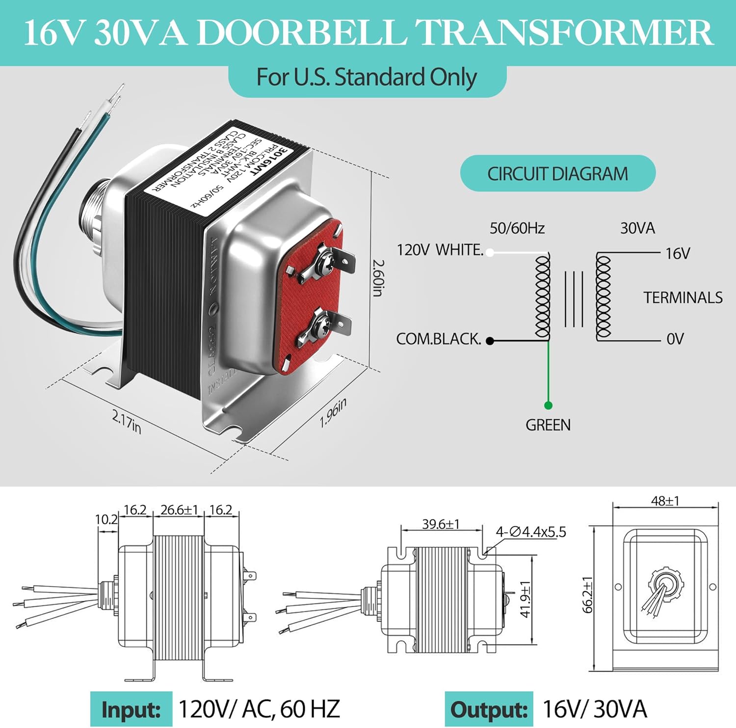 Landhoow Doorbell Transformer 16V 30VA, Hardwired Door Chime Transformer Compatible with Ring, Nest Hello Video Doorbell, 16V AC Power Supply for Thermostat, Easy to Install Door Bell Transformers