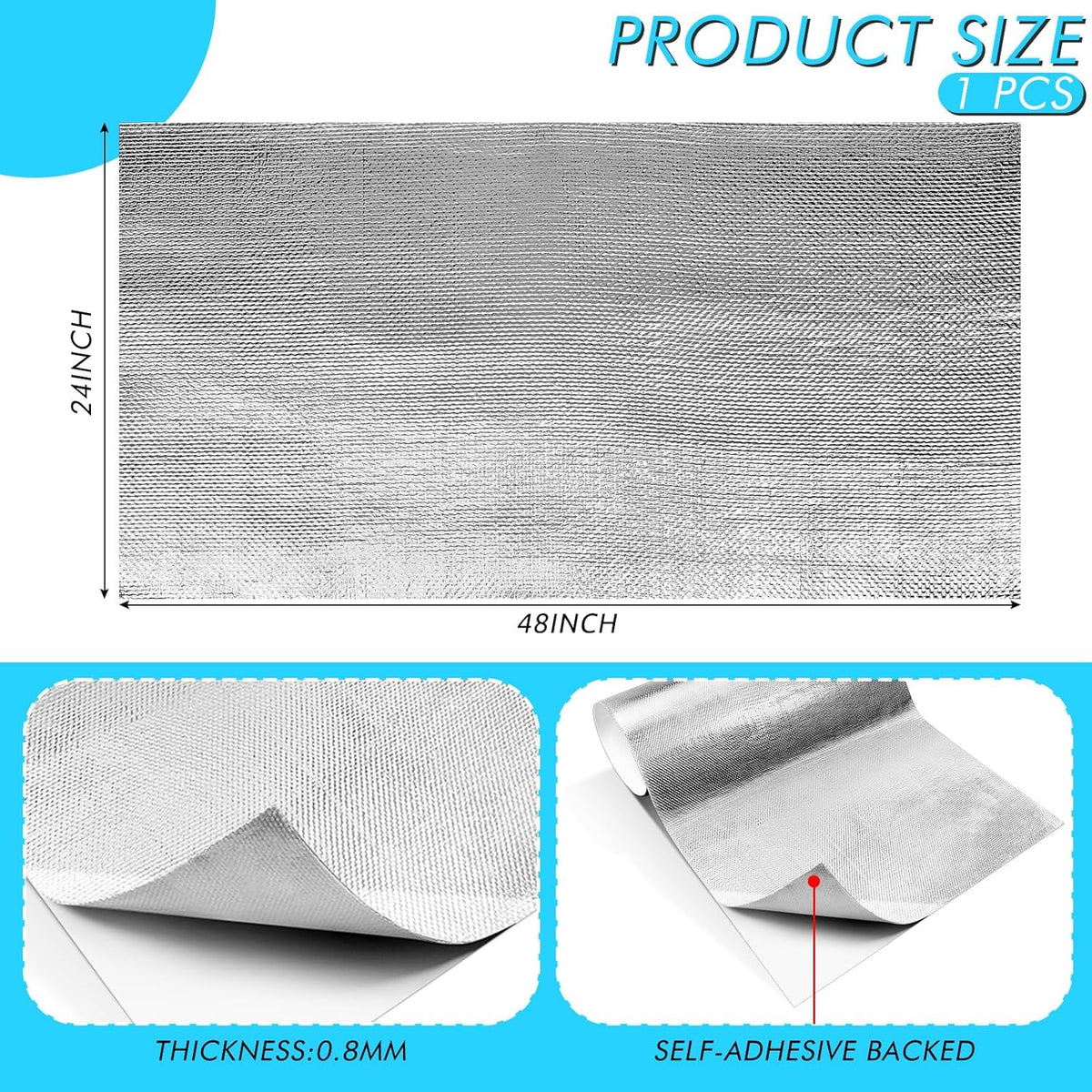 Amylove 1 Pcs 24'' x 48'' Aluminized Heat Shield Thermal Barrier Adhesive Backed Heat Blanket Wrap Fiberglass Insulation Reflective Material High Temp Protection for Exhaust Wood Fireplace Stove