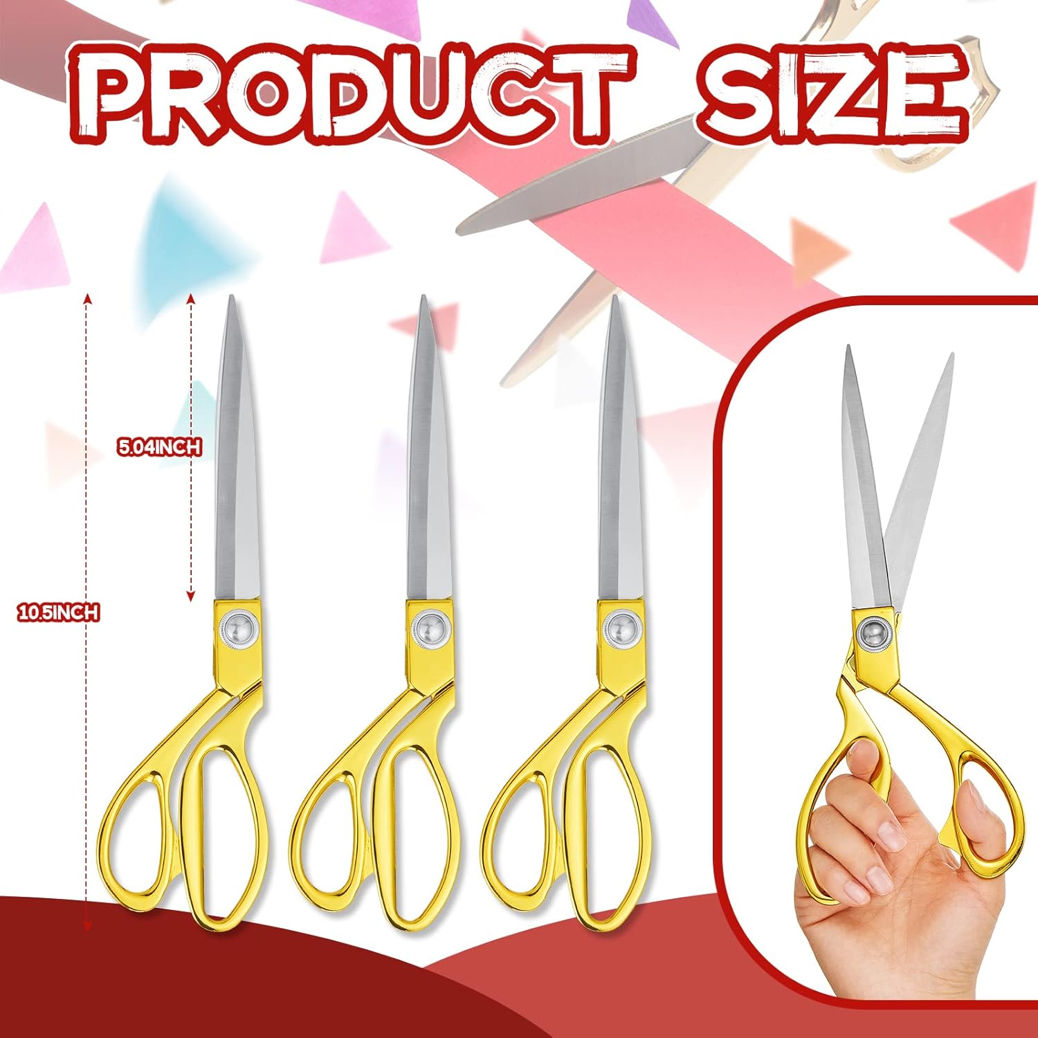 Amylove 3 Pcs Ribbon Cutting Scissors Metal Heavy Duty Stainless Steel Fabric Tailor for Ceremony Events Inaugurations Dressmaking Sewing Plastic Cardboard, 10.43 x 2.76 Inch (Style1,Gold)