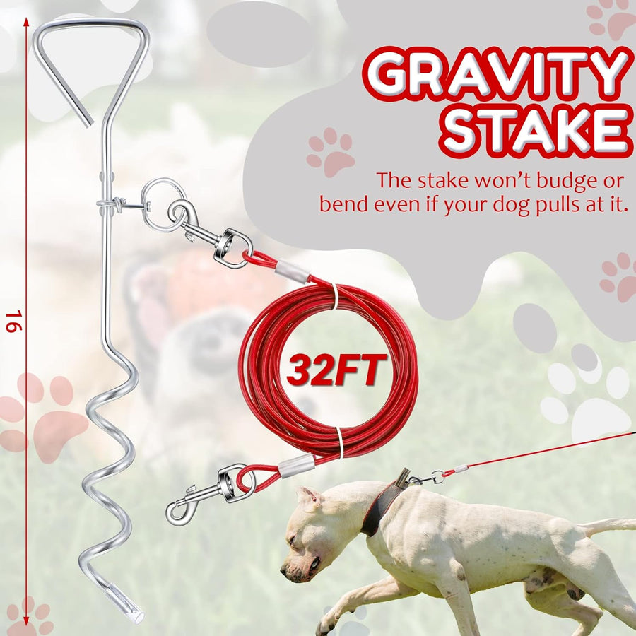 Amylove 2 Set Dog Tie Out Cable and Stake - 30ft Leash Chain, 16" Spiral Stake for Outside Yard - Medium to Large Dogs up to 125 Lbs (Red)