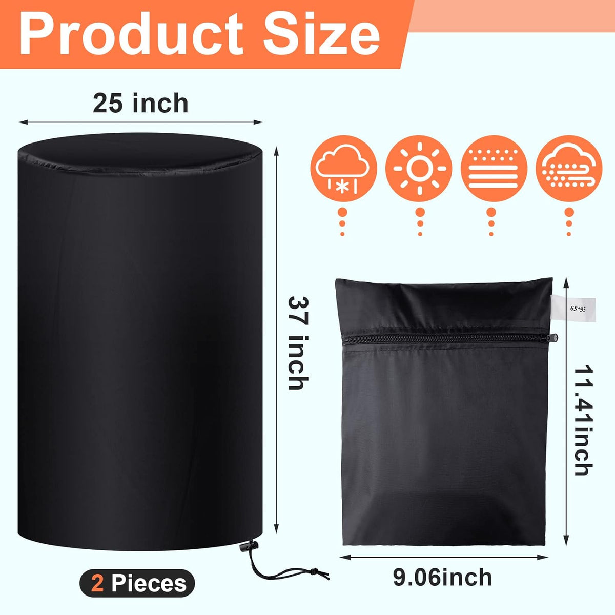 55 Gallon Drum Cover, 210D Oxford Cloth Water Storage Barrel Cover, 25 x 37 Inch Outdoor Waterproof Rain Snow Bucket lid with Drawstring, UV Protection, Anti Dust(2 Pcs)