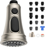 Kitchen Faucet Head Replacement, NSF/ANSI/CAN 61 & CUPC Certified, 3 Function Pull Down Faucet Spray Nozzle-15 Adapters Compatible with Moen, American Standard, Delta, Kohler - Brushed Nickel