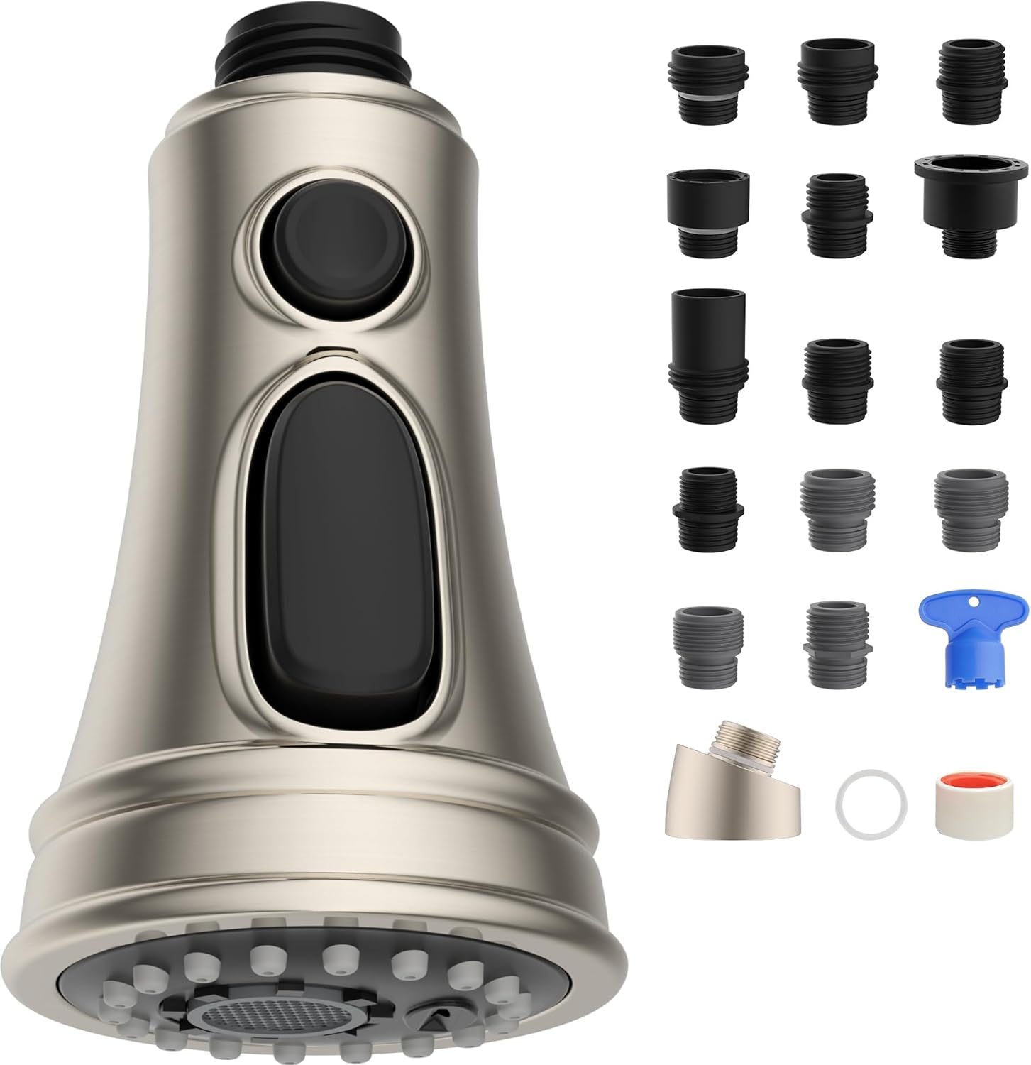 Kitchen Faucet Head Replacement, NSF/ANSI/CAN 61 & CUPC Certified, 3 Function Pull Down Faucet Spray Nozzle-15 Adapters Compatible with Moen, American Standard, Delta, Kohler - Brushed Nickel