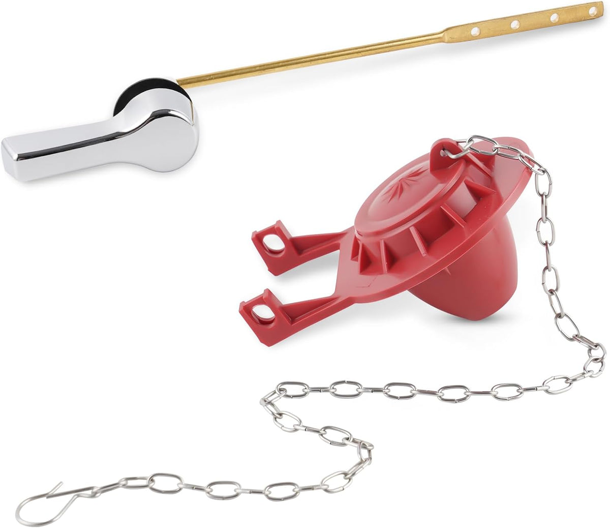 Universal Front Mount Toilet Handle Replacement Kit with 2-inch Universal Toilet Flapper, Stainless Steel Flapper Chains, Chrome Finish Toilet Trip Lever and Red Toilet Flapper Replacement Kit