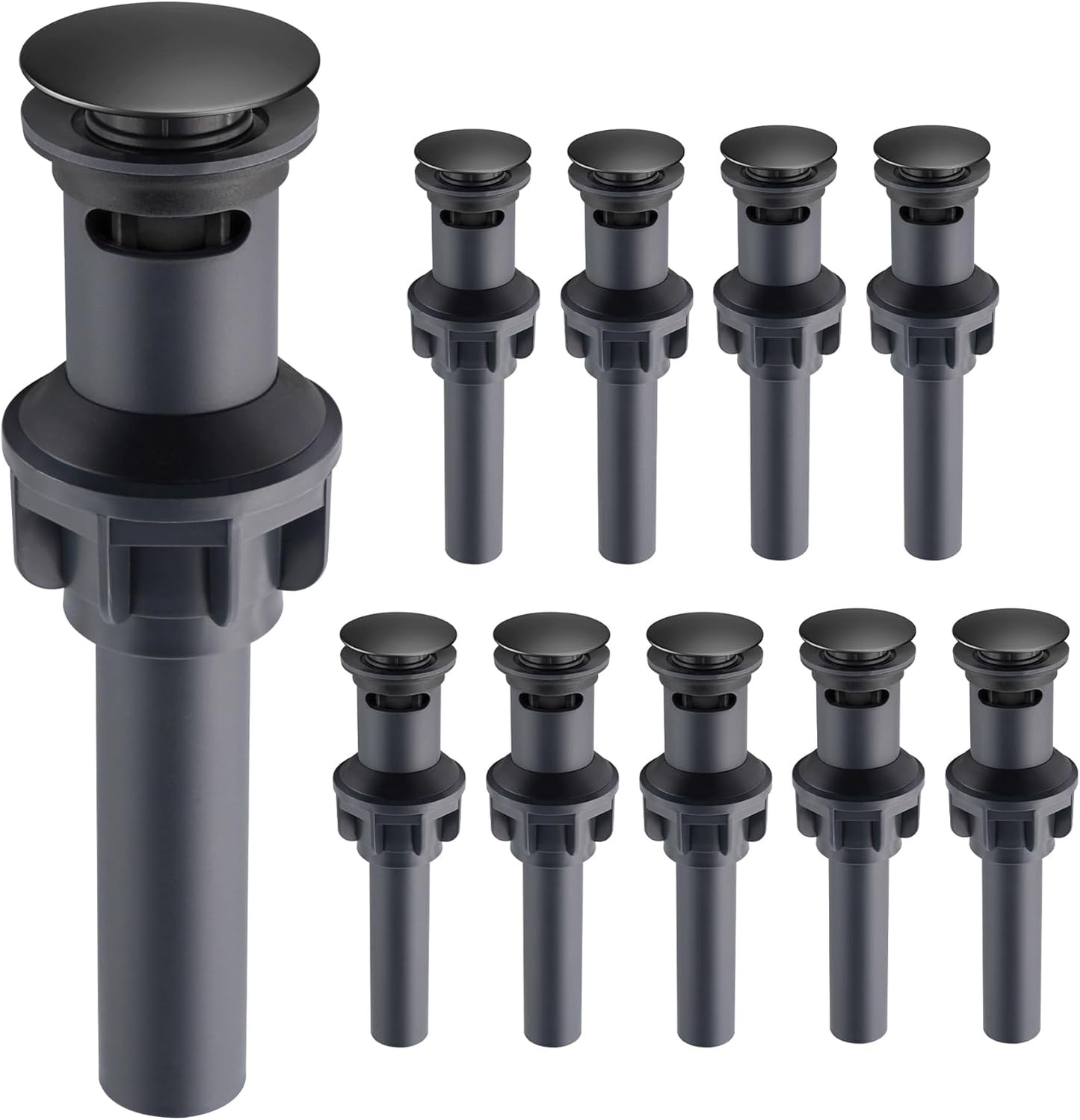 10 Pack Universal Bathroom Sink Drain Stopper, Pop Up Drain Strainer with Overflow, Push and Seal Sink Plug with Basket for Lavatory Vanity Vessel, Anti-Clogging Strainer, Matte Black