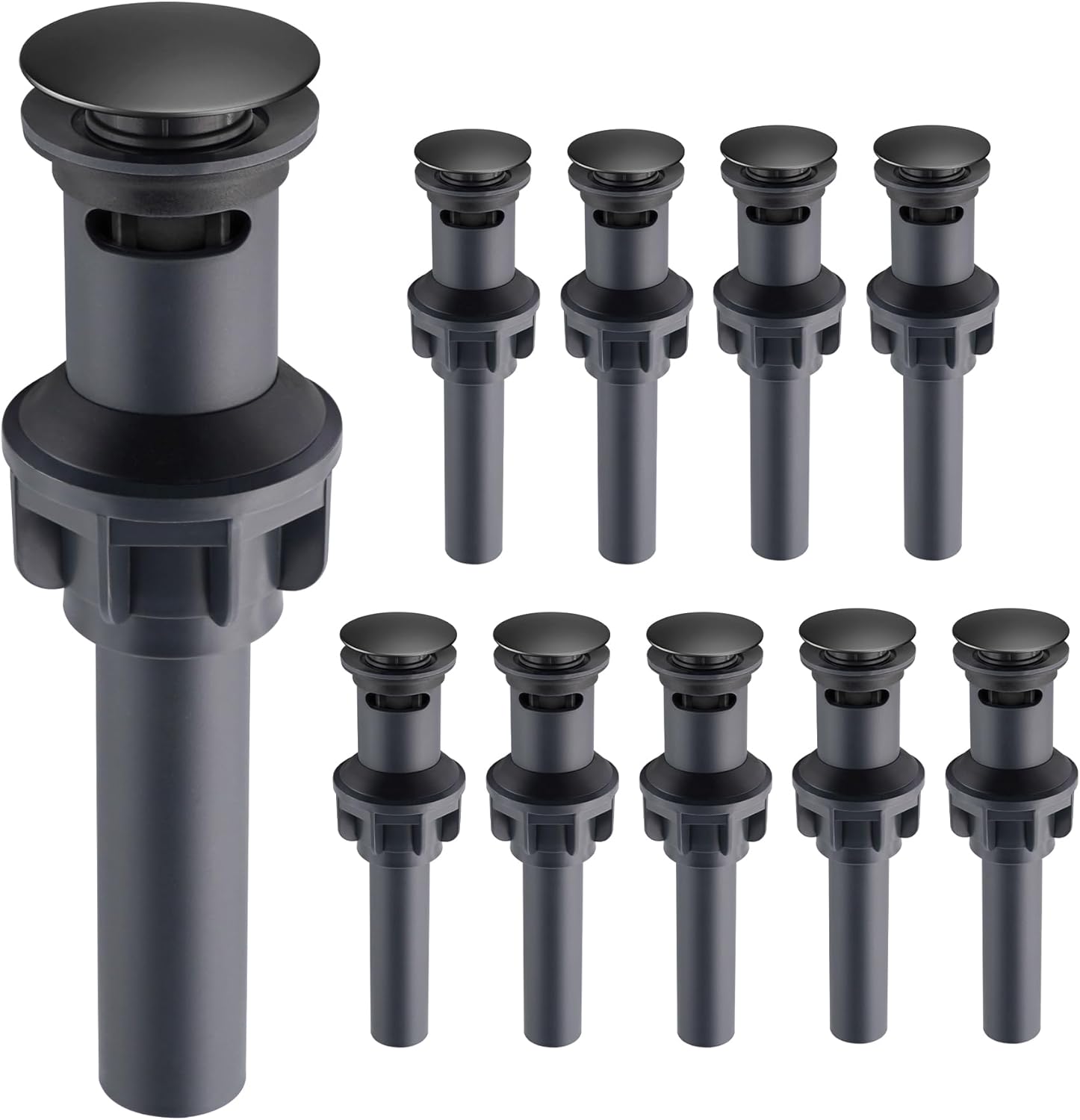 10 Pack Universal Bathroom Sink Drain Stopper, Pop Up Drain Strainer with Overflow, Push and Seal Sink Plug with Basket for Lavatory Vanity Vessel, Anti-Clogging Strainer, Matte Black