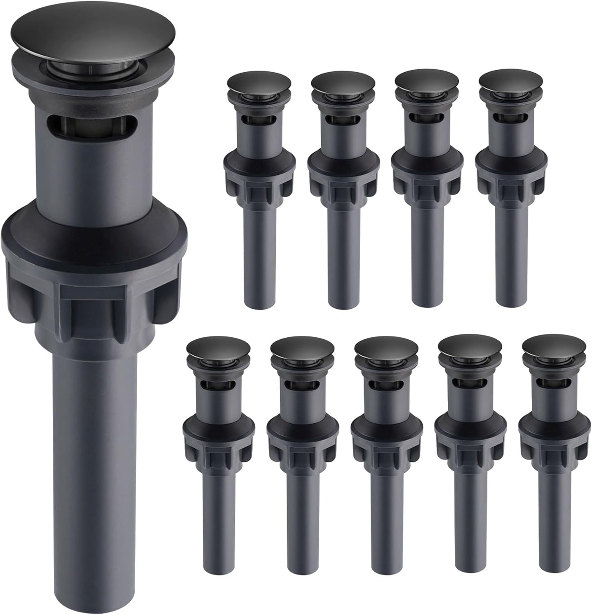 10 Pack Universal Bathroom Sink Drain Stopper, Pop Up Drain Strainer with Overflow, Push and Seal Sink Plug with Basket for Lavatory Vanity Vessel, Anti-Clogging Strainer, Matte Black