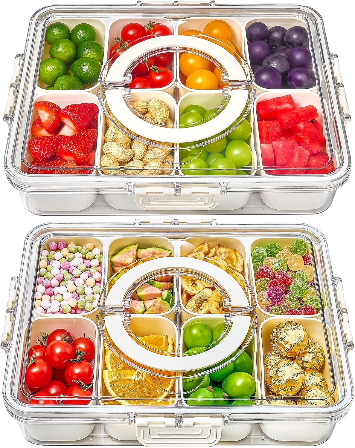 Snackle Box Container, 2 Pack Divided Serving Tray with Lid and Handle, Snack Box Charcuterie Container for Portable Snack Platters, Clear Organizer for Candy, Fruits, Travel, Party, Picnic