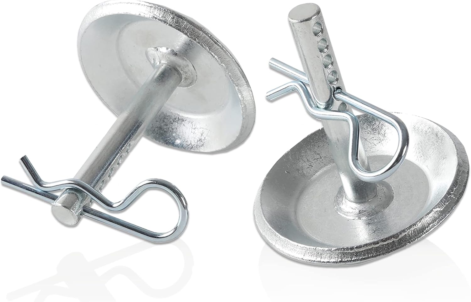 Two hardened steel snow plow skid shoes with cotter pins