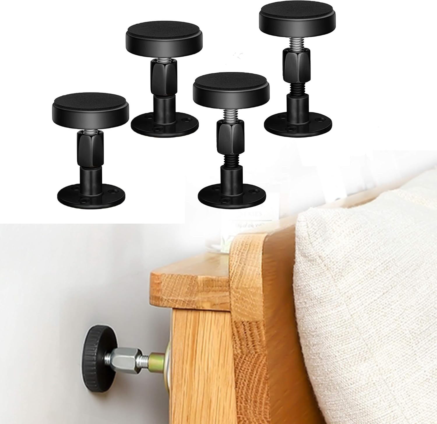 Adjustable Threaded Bed Frame Anti-Shake Tool, Headboard Stoppers, Bedside Anti Shake Tool for Beds Cabinets Sofas, 4PCs, 30-68mm (Black)