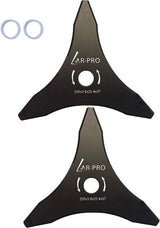 Two 10-inch carbon steel brush cutter blades with three teeth and washers.