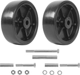 Two black plastic boat trailer jack caster wheels with hardware.