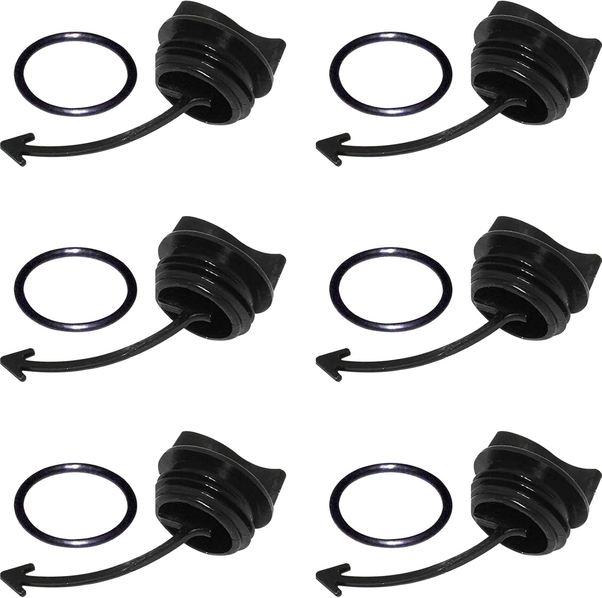 Six black SeaDoo drain plugs with rubber O-rings