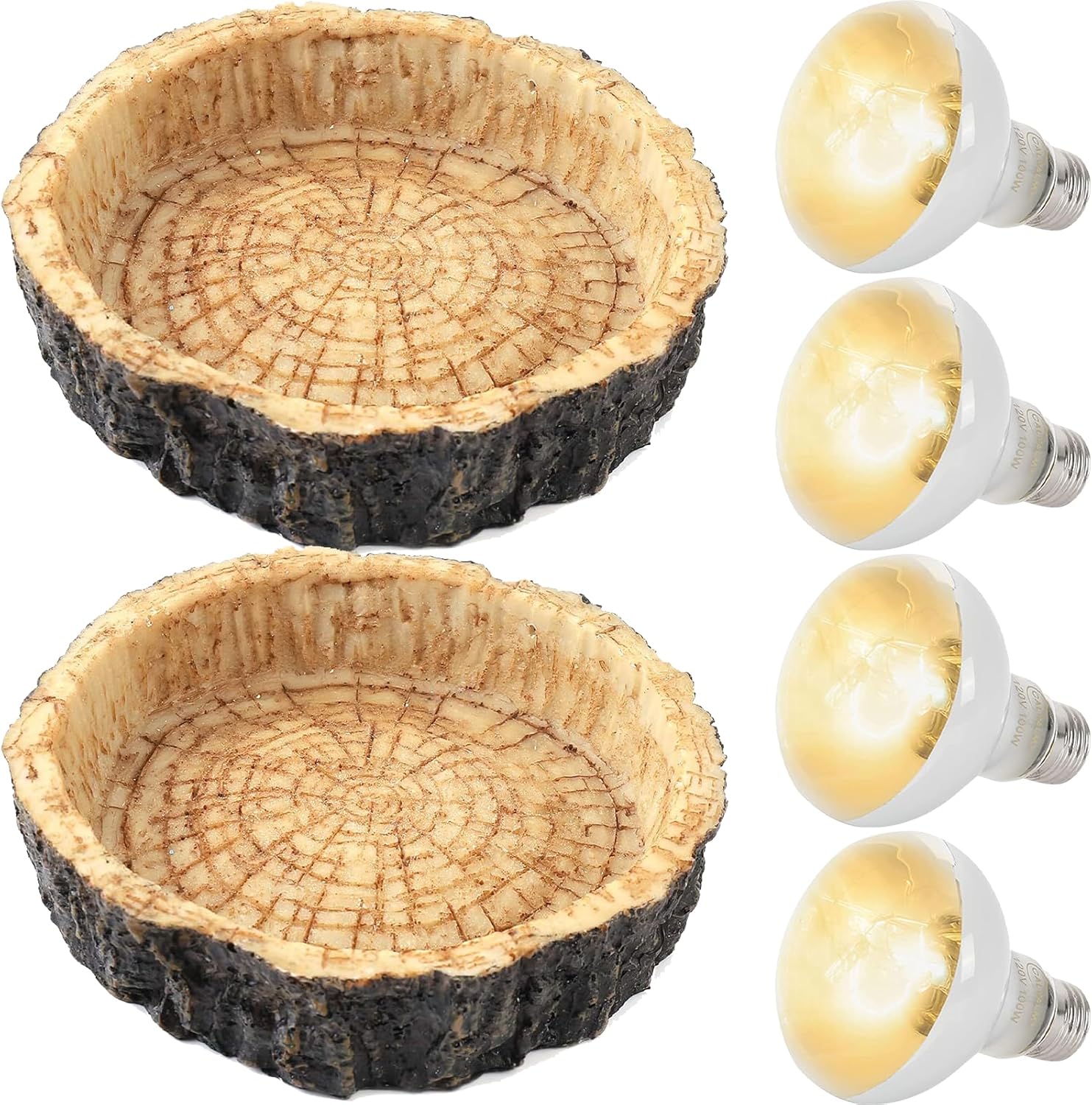 (4-Pack) Reptile Bowls and 100W UVA Heat Lamp Bulbs, (2-Pack) Water and Food Bowls and 4-Pack Reptile Heat Lamp Bulbs