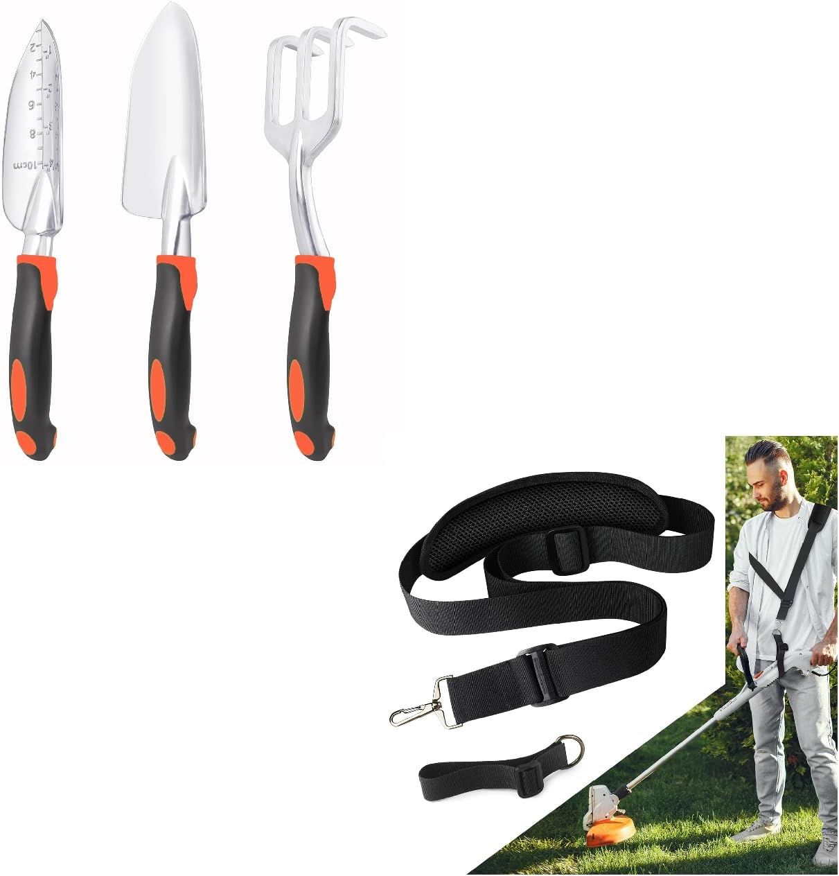 Garden Tools Set, 3 Pack Heavy Duty Gardening Tools Set + Trimmer Shoulder Strap for Weed, Adjustable Shoulder Straps Pads