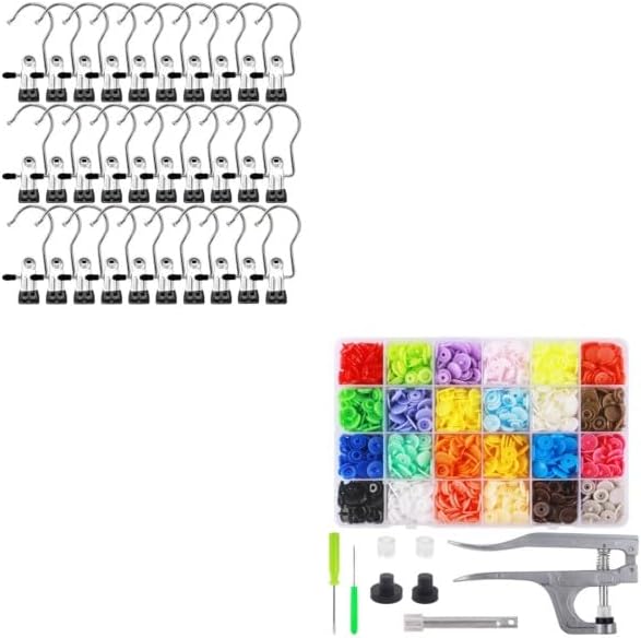 30 Pack Laundry Hooks Hanging Clips Clothes Pins Closet Hanger Organizer + Snap Button Kit with Snaps Pliers, 240 Sets Plastic Snaps for Fabric