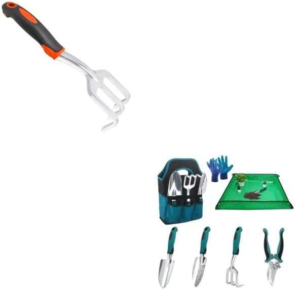 Hand Rake Garden Tool, Heavy Duty Hand Cultivators for Gardening + Garden Tools Sets, Gardening Tool Set with 39.3 in Repotting Mat