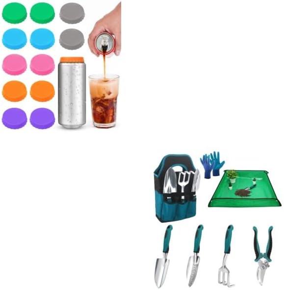 Silicone Soda Can Cover Lids, 12 Pack Reusable Soda Can Lids + Garden Tools Sets, Gardening Tool Set with 39.3 in Repotting Mat,
