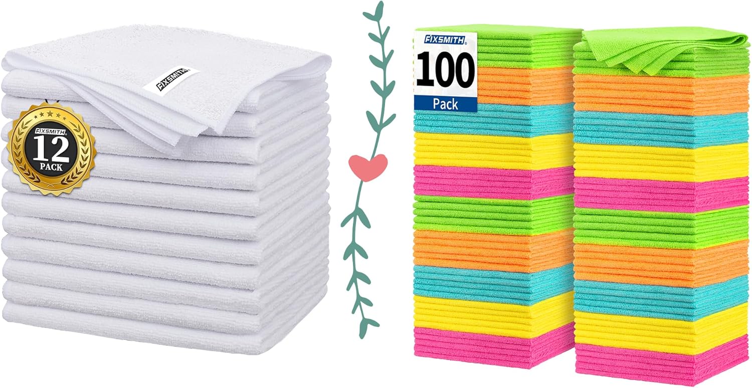 White Microfiber Cleaning Cloth -Pack of 12 Microfiber Cleaning Cloth Bulk, 100 Pack Shop Towels, Lint-Free Car Wash Towels